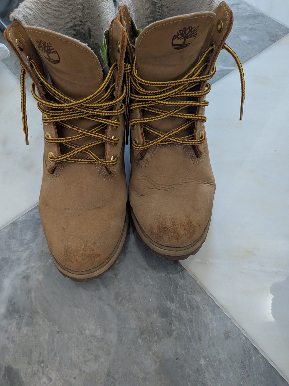 Timberland Tan Leather Lace-Up Work Boots with Yellow Accent Laces